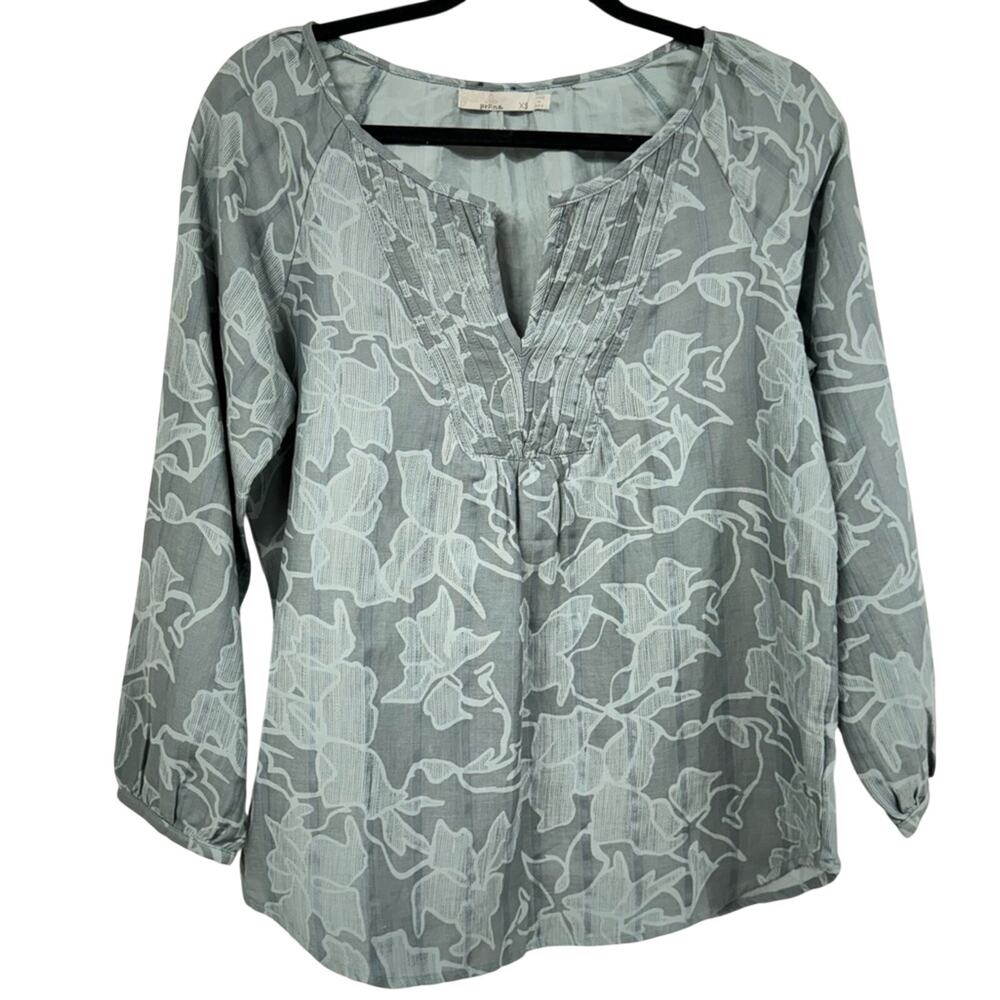 Prana Green Floral Print Puff Sleeve Womens Blouse XS Beachy Casual Boho Top